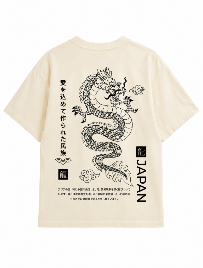 Camiseta Oversize Beige Japón Dragón